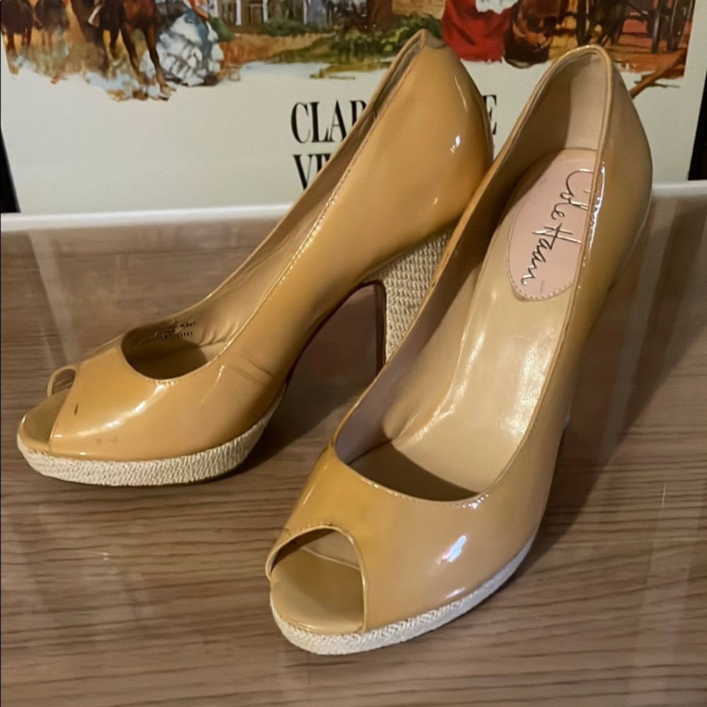 Cole Haan Yellow Patent Leather Peep Toe Heels